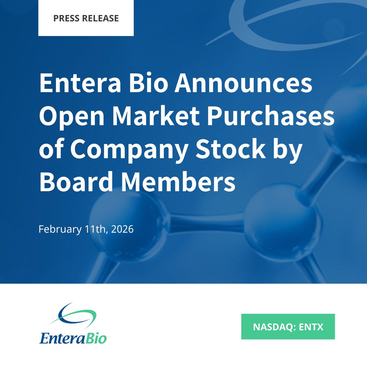 enterabio's tweet photo. $ENTX Entera Bio Announces Open Market Purchases of Company Stock by Board Members

Read the Full News Release 👉 https://t.co/FEU0EsI3UT https://t.co/Tl8KBkeMoK