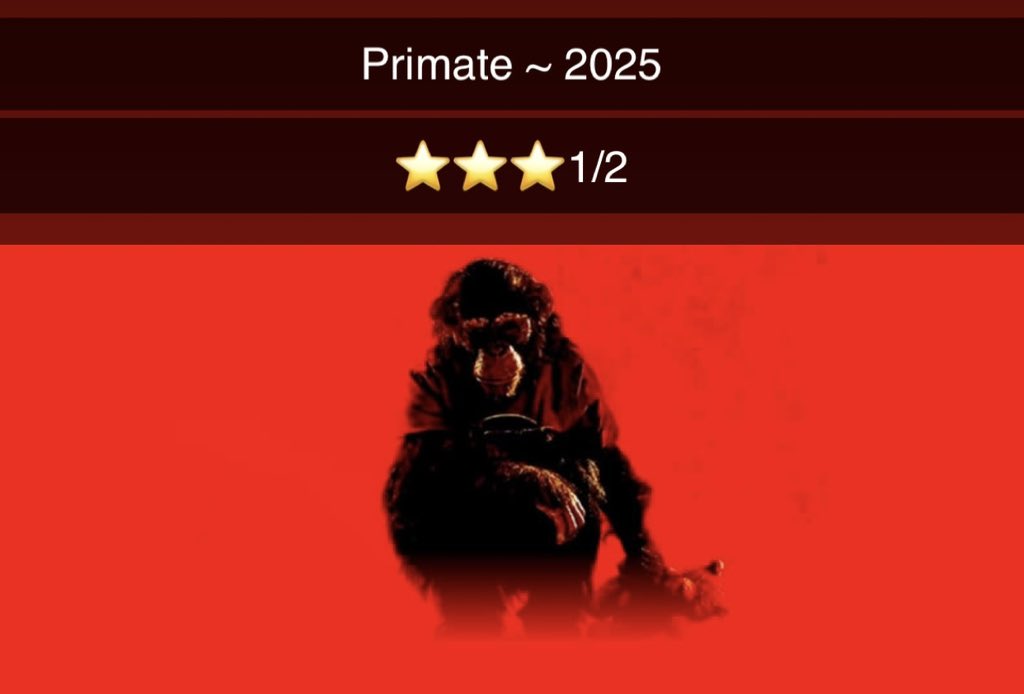 TharinduBen10's tweet photo. Just wanted to see this so badly after seeing the trailer, and it mostly delivered…Great fun if you’re into horror that just does what it promises, and way more entertaining than I expected. Went in with low expectations and had a blast. 🐒
#primate #primatemovie #movies #films https://t.co/Emo7xjSjfn