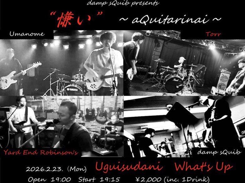 yard's2026年初ライブはこちら
楽しみすぎるメンツ🔥
連休の締めくくりにぜひ！
2ndアルバムも持っていけるかもです！！

2026.2.23（祝）鶯谷what's up
damp sQuib presents 
"慊い-aQuitarinai"

出演
Torr
umanome
YARD END ROBINSON'S
damp sQuib

OPEN /19:00 
START/19:15
¥2,000(1D込み)