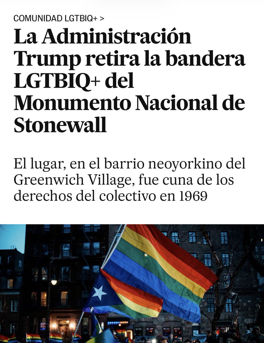 La retirada de la bandera LGTBIQ+ del Monumento de Stonewall por parte de Trump es un acto deliberado de borrado de memoria histórica y de ataque a los derechos del colectivo. 

Atacar los símbolos de lucha por la igualdad no solo es injustificable, es reaccionario.

Vergüenza.