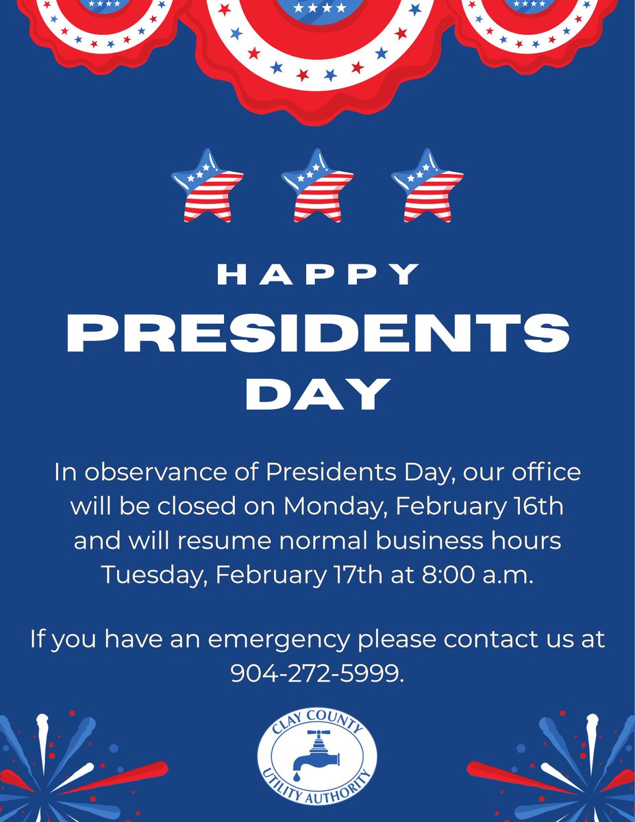 In observance of Presidents Day, our office will be closed on Monday, February 16th and will resume normal business hours Tuesday, February 17th at 8:00 a.m.

If you have an emergency during these hours please contact us at 904-272-5999.

#CCUA #WaterSupply #PresidentsDay