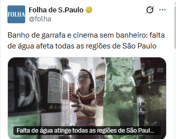 A mídia de direita defendeu a privatização da água em SP.

O bolsonarista queridinho da mídia de direita privatizou a água em SP.

E nenhum dos dois assume ou se desculpa pela falta de água em SP.