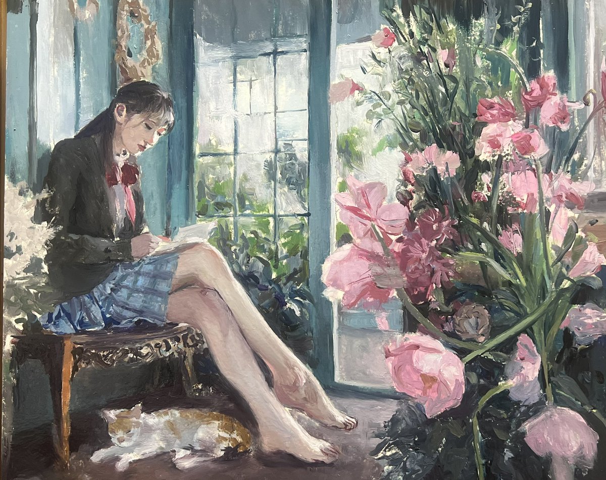 Flowers, Girl and Cat oil painting F8 未完