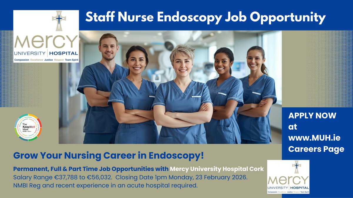 DeeORiordan8's tweet photo. 🩺 Looking to grow your nursing career in #Endoscopy?
We’re recruiting #StaffNurses - Endoscopy Unit at #MercyUniversityHospitalCork
Perm contract. Full & Part time Hours.
To apply, follow link: https://t.co/IoTZsQGcwE
#EndoscopyNursing #NMBI #HSEJobs #GINurse @Mercycork https://t.co/1NgVotFCne