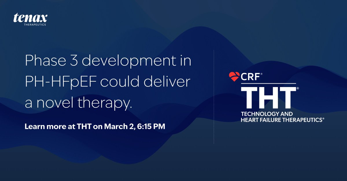 TenaxThera's tweet photo. Tenax Therapeutics is advancing TNX‑103 (oral levosimendan) with a Phase 3 program focused on K‑ATP channel activation and volume redistribution.

Join us at #THT2026: Mar 2 | 6:15 PM EST | Boston
Register: https://t.co/z2w3g1aB2f

#PHHFpEF #Group2PH https://t.co/DV6C9309I7