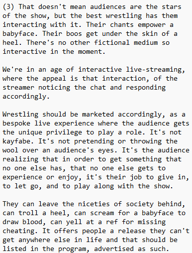 MattD_SC's tweet photo. I'm increasingly convinced that the future of pro wrestling is a reframed social contract with crowds, a transparent "neo-kayfabe" that convinces them it's in their best interest to leave irony behind and embrace a unique interactive theatrical experience. Some words on that. https://t.co/TGaTGW87Ey