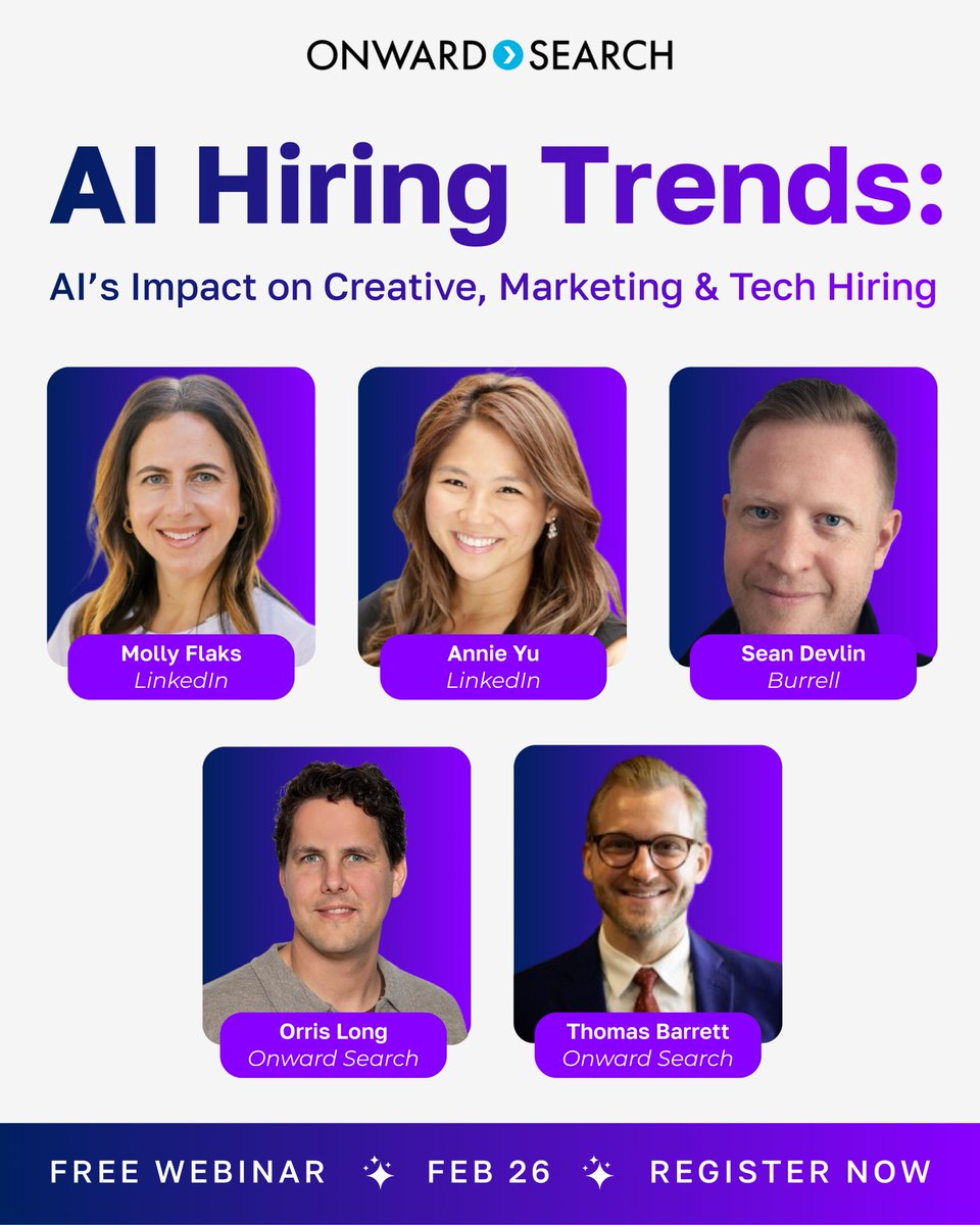 At our next webinar, Thomas Barrett, our lead AI recruiter will be joined by industry experts from LinkedIn, and the VP of Workplace Operations at Burrell Communications to discuss AI’s impact on creative, marketing, and tech hiring.

Reserve your spot: onwardsearch.zoom.us/webinar/regist…