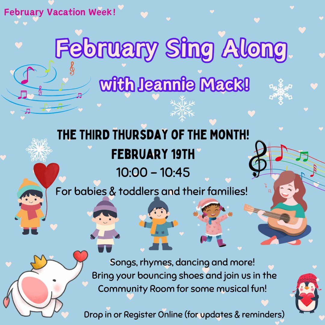 We have three fun programs coming up for kids during February Vacation Week! 
Register by visiting our online Calendar !