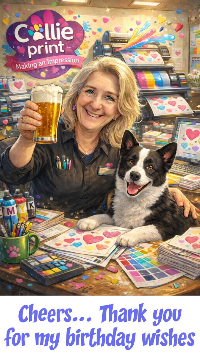 ColliePrint's tweet photo. Cheers to another year!

Thank you for the birthday wishes! 🥂 Laika and I are ready to celebrate surrounded by color, creativity, and love. Here's to making an impression this year!

#BirthdayCheers #CreativeCelebrations #MakingAnImpression 
#collieprint https://t.co/9Q5SZY6vUa