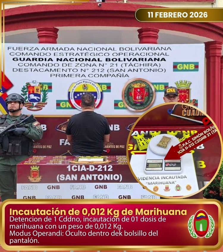dest_212_ve's tweet photo. Mediante labores de inspección de vehículos y personas, se efectuó la aprehensión de (1) ciudadano, a quién se le incautó (01) dosis de marihuana con un peso bruto de (0,012 Kg), quien lo trasladaba de manera oculta en el bolsillo del pantalón. A/O del Ministerio Público https://t.co/ilk96oNVKG