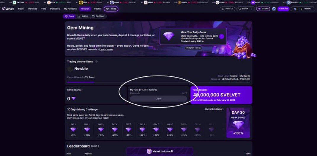 Epoch 7 Gems $VELVET claim is LIVE

Claim your share of 968,305 $VELVET by using the the claim button on Gems and going to the Sablier page on BNB Chain

Use Velvet to earn &amp; mine Gems on Velvet daily to receive Epoch 7 Rewards coming March 10th (rewards to be announced shortly)!