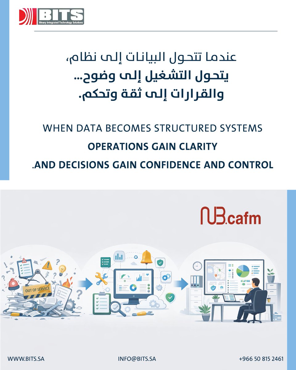 bits2007's tweet image. التحول التشغيلي لا يبدأ بشراء نظام،
 بل يبدأ بقرار إدارة يعتمد على البيانات.
NUB CAFM يمكّن مدراء المرافق من:
 • توحيد إدارة الأصول
 • تحسين كفاءة الصيانة
 • رفع مستوى الحوكمة التشغيلية
...
hashtag#FacilityManagement hashtag#CAFM hashtag#DigitalTransformation
..