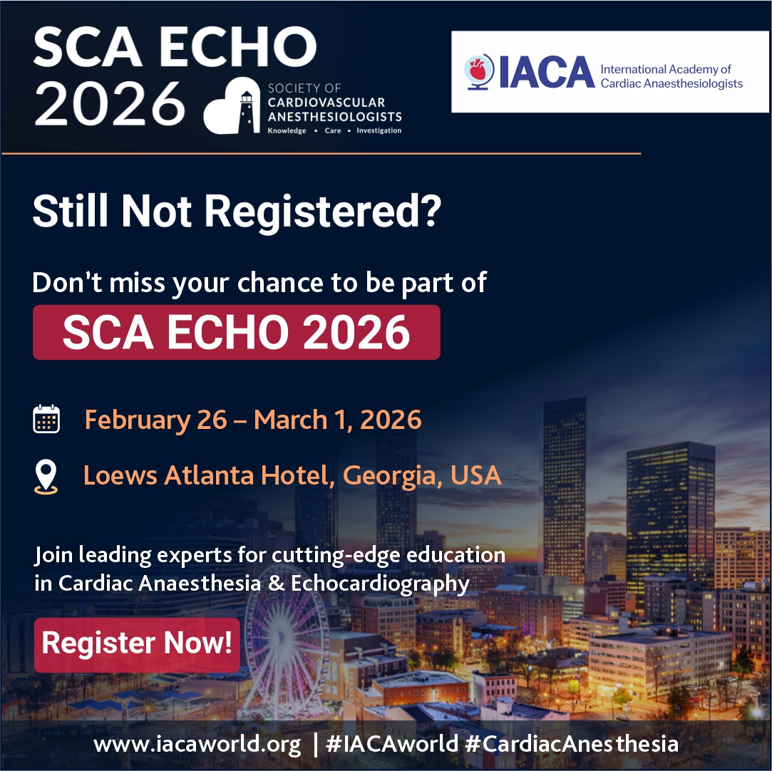 IACA2025's tweet photo. Still not registered for SCA ECHO 2026?
Join 4 days of cutting-edge learning in perioperative &amp; surgical echocardiography.

📅 Feb 26 – March 1, 2026
📍 Atlanta, USA
🔗 Register now: https://t.co/FoyijKAAEO

#SCAEcho2026 #IACAWorld #CardiacAnaesthesia #Echocardiograph https://t.co/fUGXKxhGj5