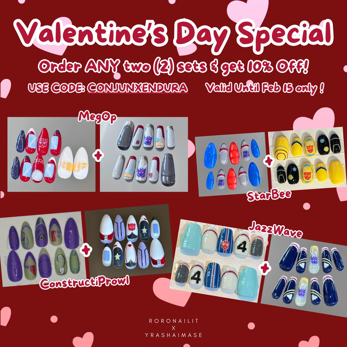 Valentine's season is here! ❤️
If you've been eyeing to order any of our Nailformers sets, now's your chance! 

Roro also released new samples for our latest design batch 🥰

#transformers #nailart #tarn #prowl #smokescreen