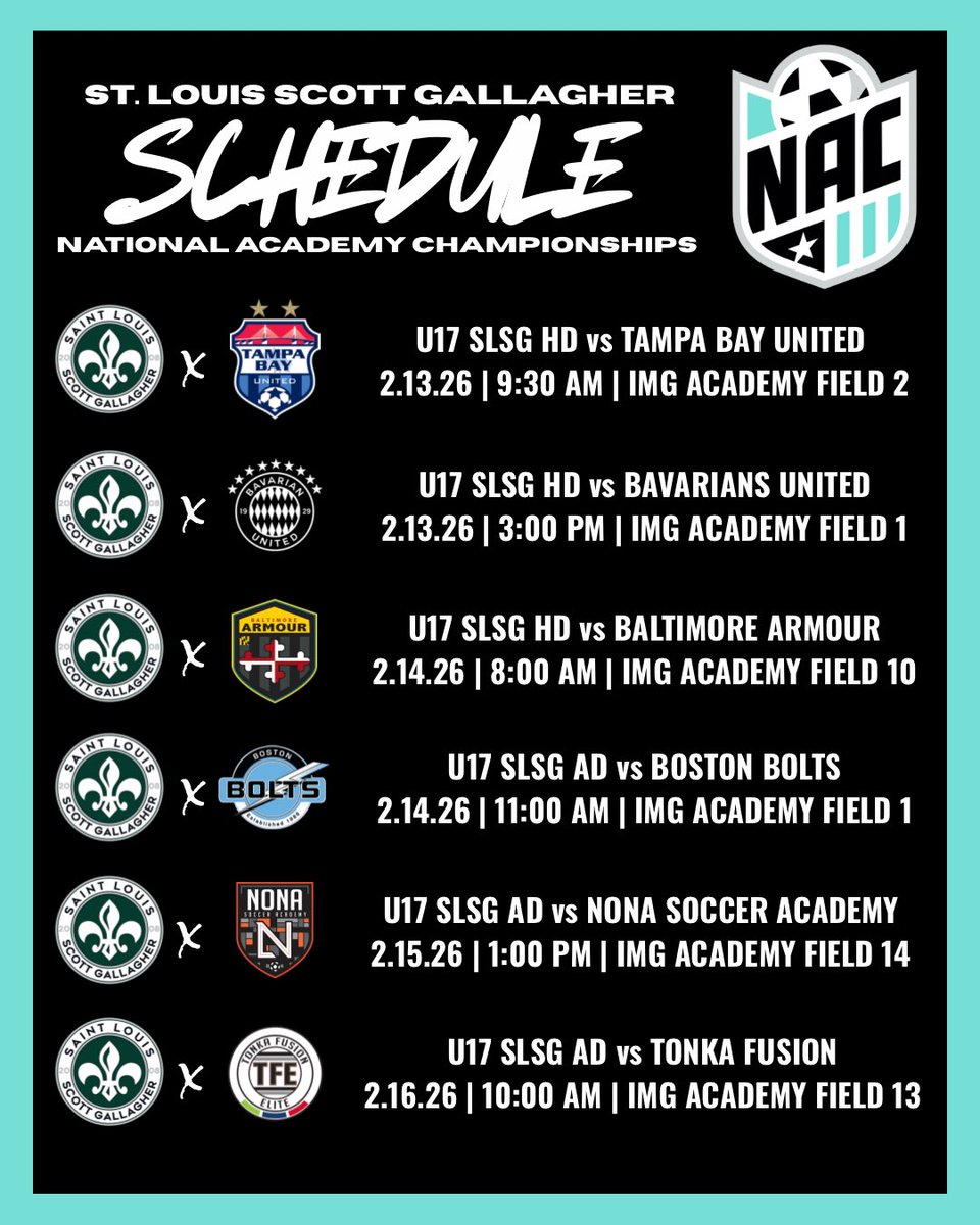 Our <a href="/SLSGSoccerClub/">Scott Gallagher Soccer Club</a> U17 MLS Next teams will be at IMG for the National Academy Championships this weekend! 

College coaches, connect with me at the fields and we can talk about our talented group of 2027s and 2028s!