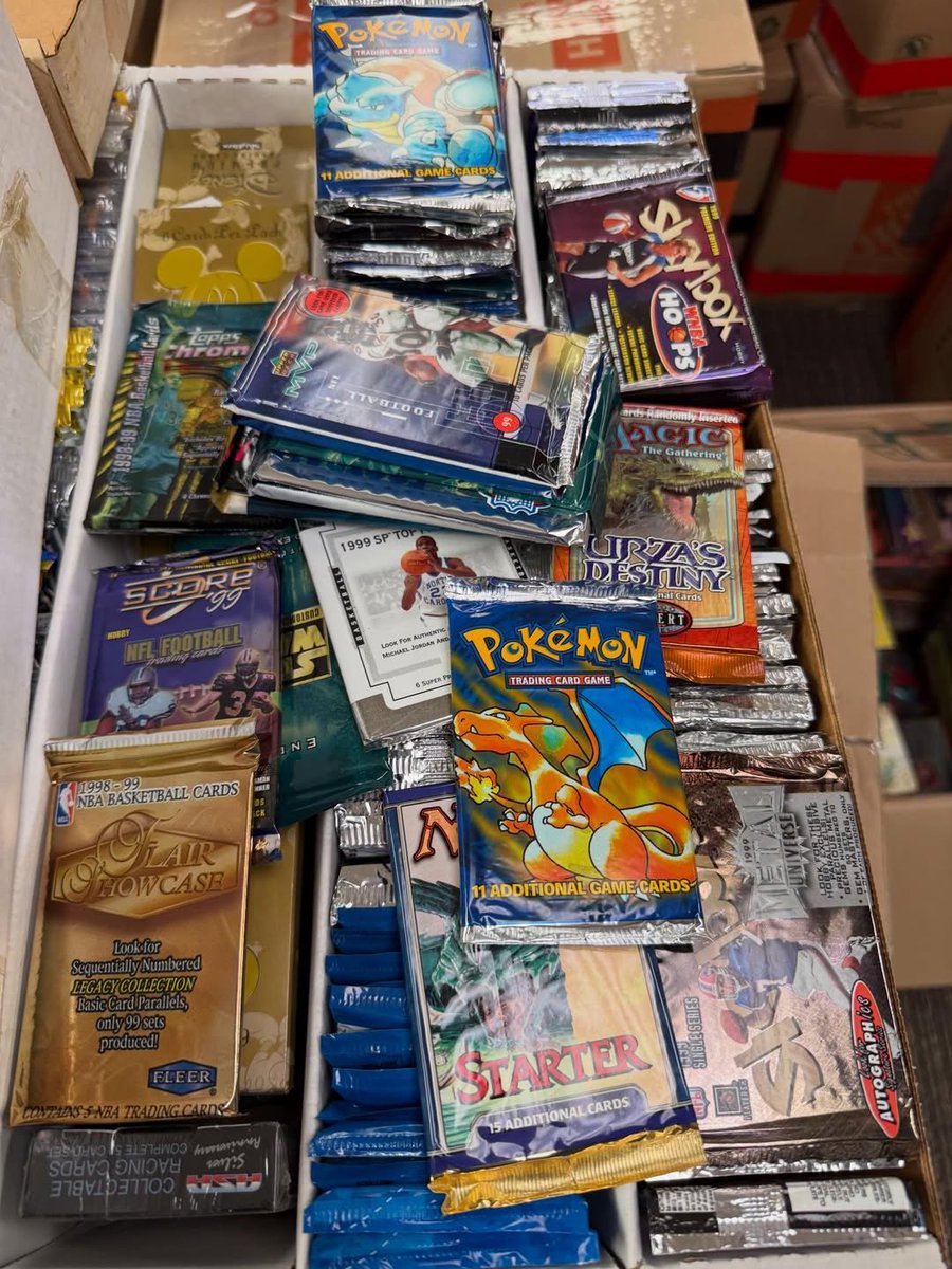 gurucollects's tweet photo. A collector just bought the ENTIRE inventory of a card shop that closed in 2005-06.

The owner had a habit of setting a few packs aside from every release… and never touched them again. Thousands of packs of Pokémon, sports, Magic and more. Nearly 1,000 unique vintage wax options once it’s all sorted.

30+ years in the hobby and he said this was one of the most fun buys he’s ever made.

"Boxes that he couldn’t move for $25 now sell for $750. It has just as many single cards/inserts. All the big stuff from that era."

📸: grandslamcollectibles / IG