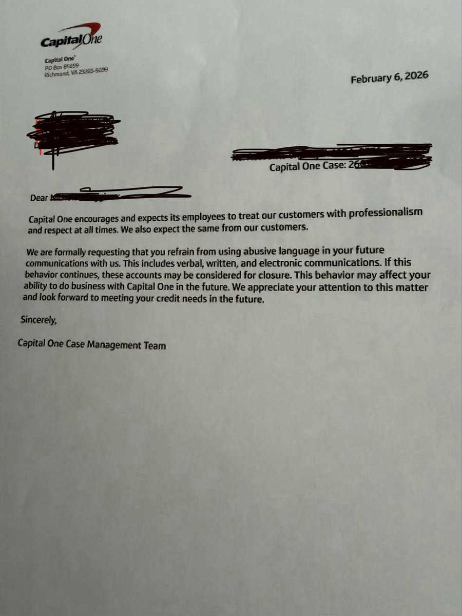 Rollcallroom's tweet photo. Only @CapitalOne would overnight a letter telling you to not curse at their terrible customer service reps in Thailand instead of fixing their terrible customer service. Immediately opened a bank account at another bank and pulled all my money out. DON’T use Capital One, they don’t care about customers.