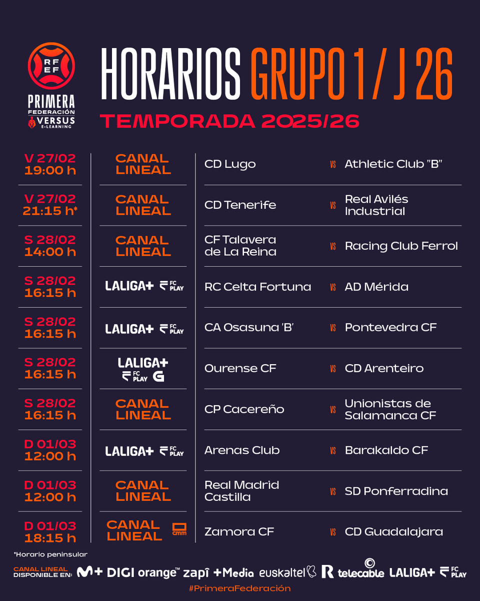 Oficial los horarios de la 26ª jornada (del 27 de febrero al 1 de marzo), de la temporada 2025-26, en el Grupo I de <a href="/Primera_RFEF/">Primera Federación Versus e-Learning</a>:

🆚 <a href="/CDTOficial/">CD Tenerife 🏴󠁧󠁢󠁳󠁣󠁴󠁿</a> - <a href="/RealAvilesInd/">Real Avilés Industrial</a>

📅 Viernes 27 de febrero.

⏰ 20:15 (hora insular).

🏟️ Heliodoro.

📺 Plataformas de pago.

#HorariosCDT