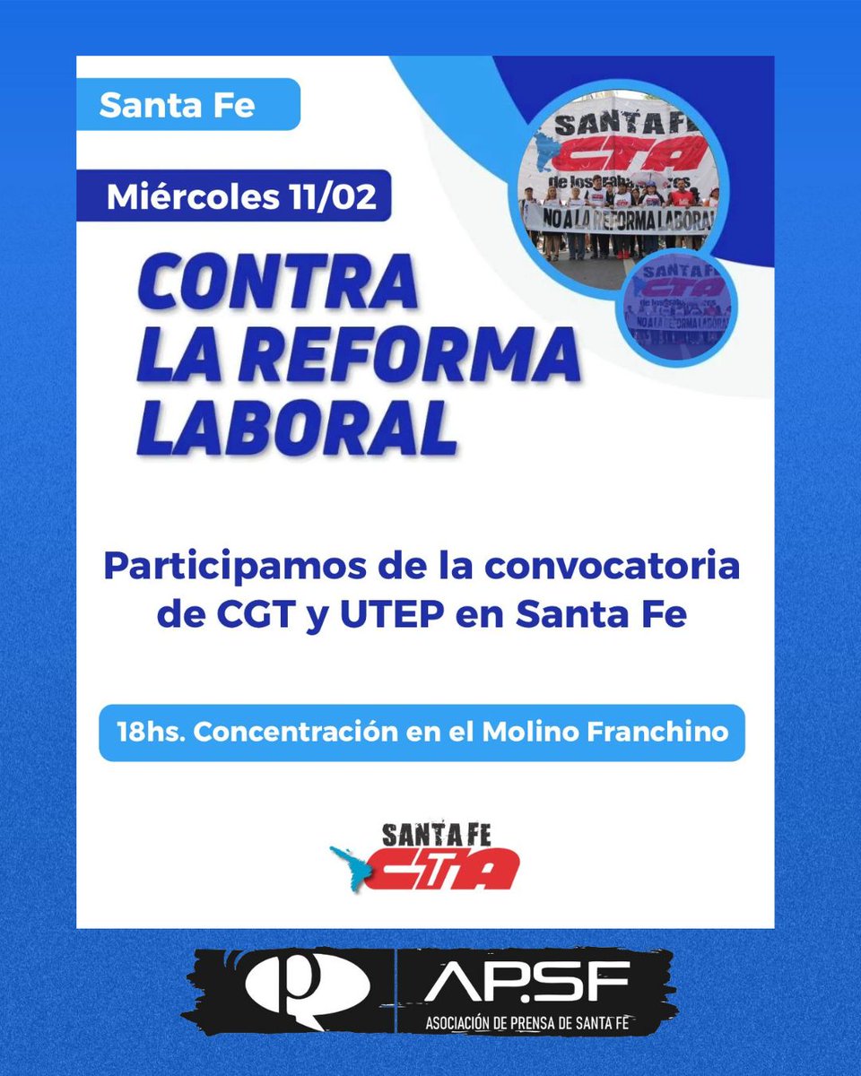 📍Miércoles 11/2 - 18 hs
📢Concentración en el Molino Franchino
#DefendemosElEstatutoDelPeriodista #NoALaReformaLaboral