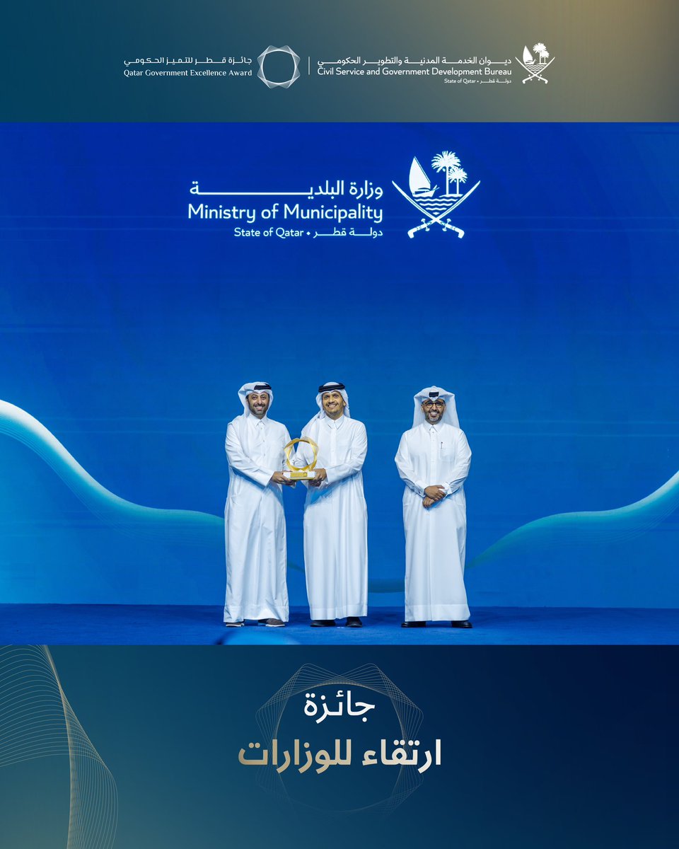 نهنّئ وزارة البلدية وجميع منتسبيها على فوزهم بجائزة ارتقاء للوزارات، بعد حصولهم على تقييم متقدّم يعكس التزامهم بمعايير التميّز والارتقاء بالأداء الحكومي. 
وتسلّم الجائزة سعادة السيد عبد الله بن حمد بن عبد الله العطية، وزير البلدية.

#جائزة_قطر_للتميز_الحكومي #التميز_الحكومي