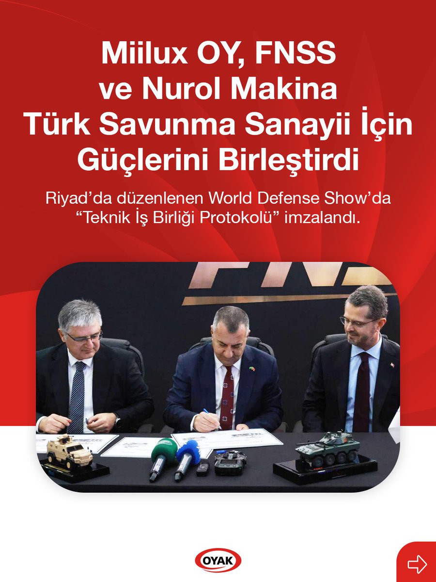 oyak_kurumsal's tweet photo. Millî Savunma, Yerli Zırh

OYAK şirketlerinden Miilux OY ile FNSS ve Nurol Makina, "Teknik İş Ortaklığı Protokolü" için bir araya geldi. 

Suudi Arabistan'ın başkenti Riyad'da düzenlenen World Defense Show’da imzalanan protokol kapsamında; FNSS ve Nurol Makina’nın projelerinde ihtiyaç duyacağı tüm zırh çeliği, Türkiye’nin tek yerli üreticisi Miilux OY tarafından temin edilecek.

Miilux OY, savunma sanayimiz açısından stratejik bir girdi olan zırh çeliğinde ülkemizi dışa bağımlılıktan kurtararak hem ulusal güvenliğimize hem de ekonomimize büyük bir katma değer sunuyor 

Haberin detayları için 👇
https://t.co/LAyAe8wVMv