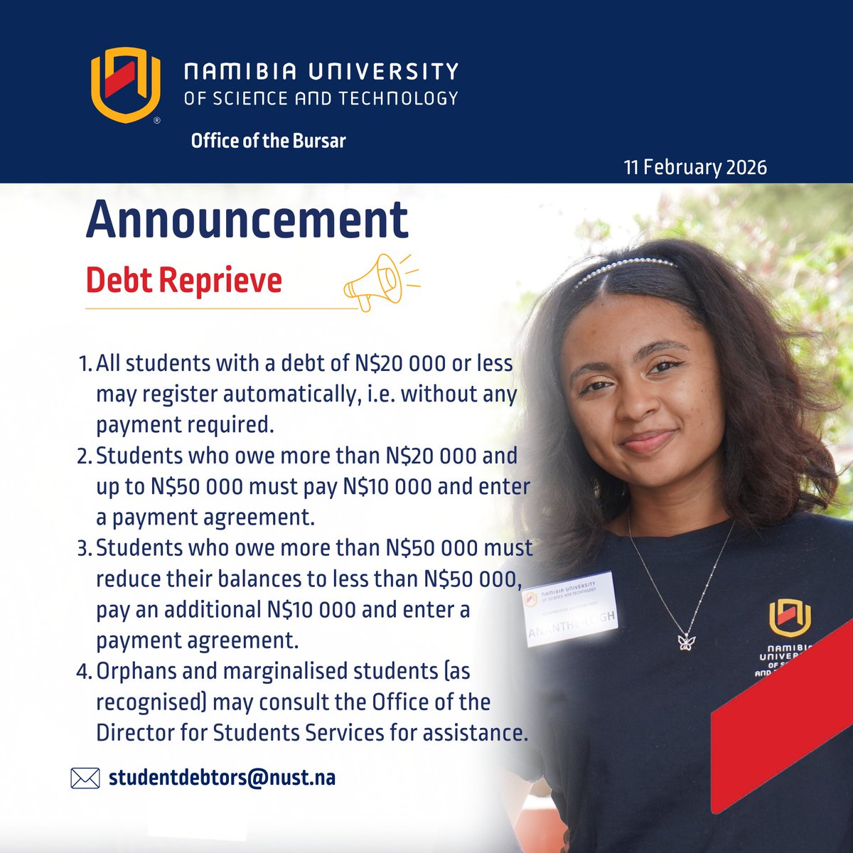 🚨 ATTENTION NUST STUDENTS! 🚨

A debt reprieve has been granted for 2026 first-semester registration. 

#ChooseNUST #DebtReprieve #WeHeardYou