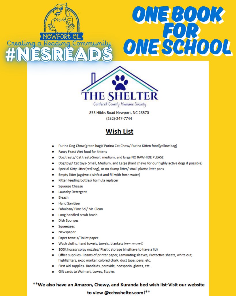 Reminder! We are collecting supplies for our "Helping Paws" animal shelter drive all month as we read "Fenway and Hattie" together. Please drop donations in the library. Thanks for your support for our community!