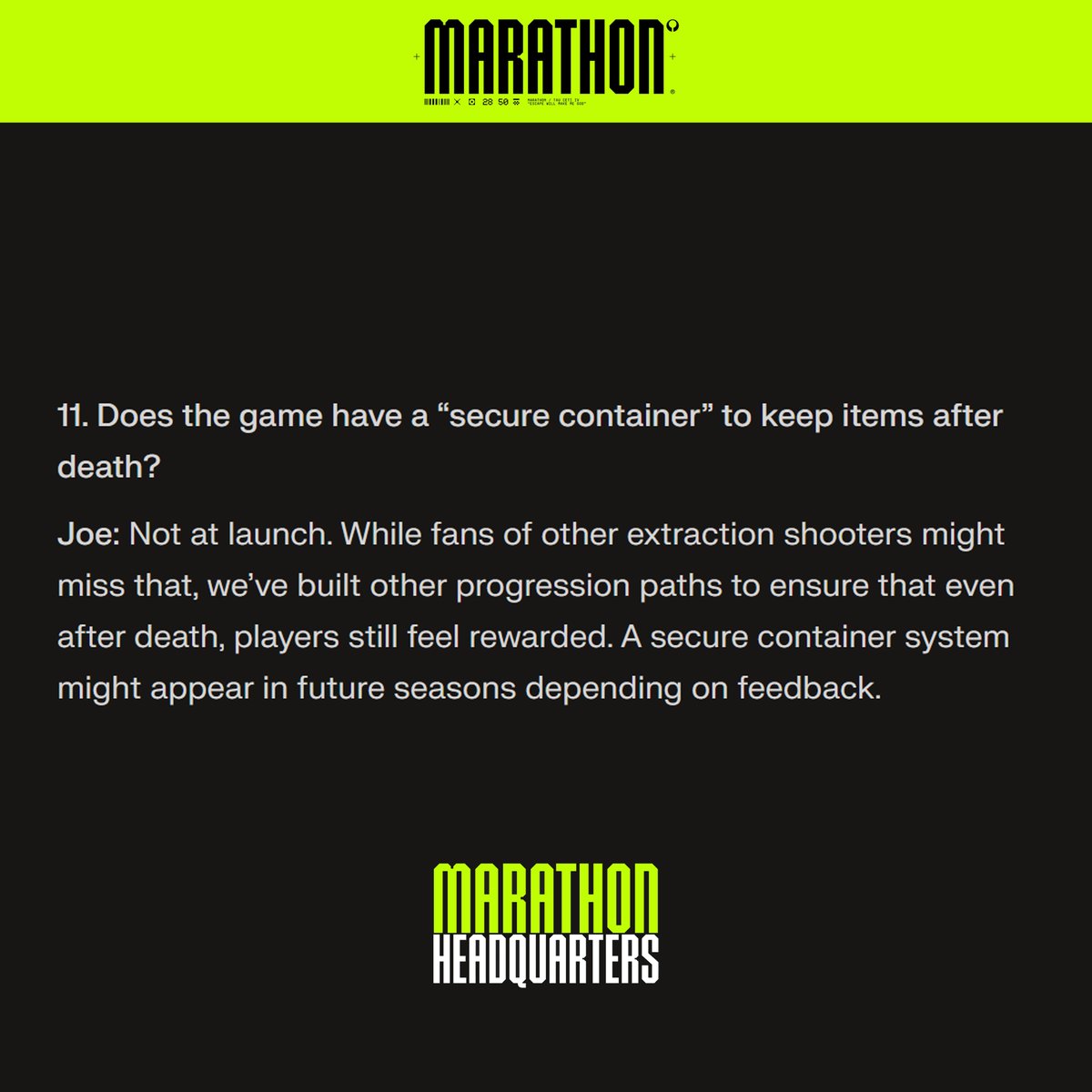 ‼️Marathon will NOT have secure containers on launch

However it "might appear in future seasons depending on feedback"