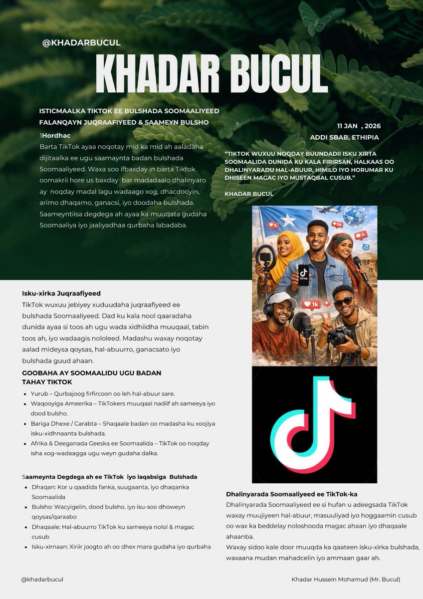 Dhalinyarada Soomaaliyeed: Hal-abuurka Awooda Leh ee TikTok 🇸🇴
Dhalinyaradu waxay TikTok uga faa’iideystaan hal-abuur, is-xirnaan, &amp; difaacida bulshada Soomaaliyeed, iyagoo abuura fursado cusub, magac, nolol, &amp; mustaqbal ifaya.
🔥 #SomaliTikTok #HalAbuur #Dhalinyaro #AwoodCuruin