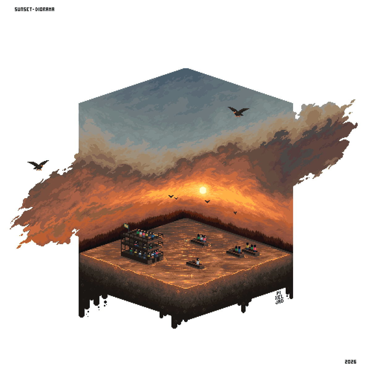 pixeljad's tweet photo. SUNSET-DIORAMA A peaceful tiny world at dusk: friends drifting on little boats, the sun melting into the horizon, birds soaring through fiery orange skies... Sometimes the whole feeling of calm fits in one pixel scene. #pixelart #pixelartist #ドット絵 #sunset #diorama https://t.co/b5qfoamLwj