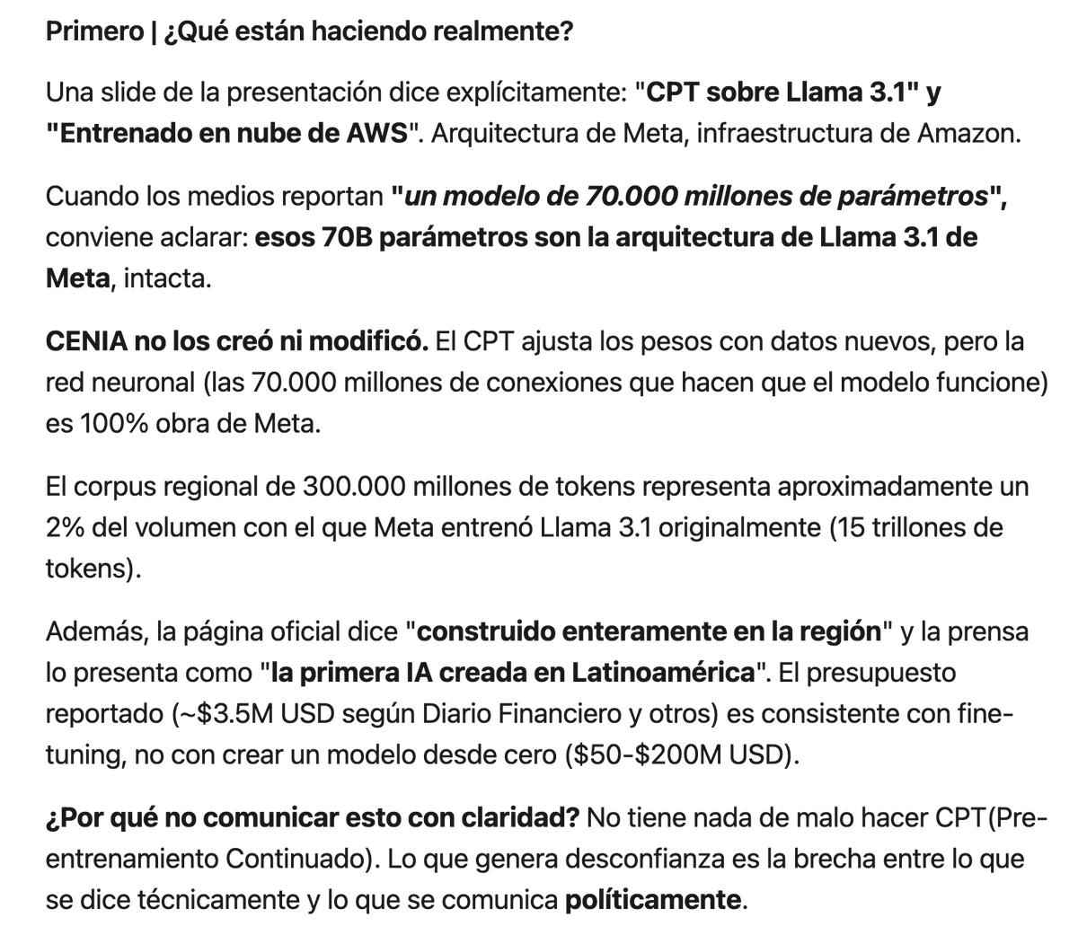 LatamGPT no es como te lo contaron: básicamente lo que hicieron fue tomar un modelo pre-entrenado (Llama 3.1) y luego decir: YA TENEMOS UNA IA GENERATIVA EN LATAM

Esto debería leerlo la ministra <a href="/Ximenatech/">Dr. Ximena Lincolao-Gates</a> 
linkedin.com/pulse/ser%25C3…