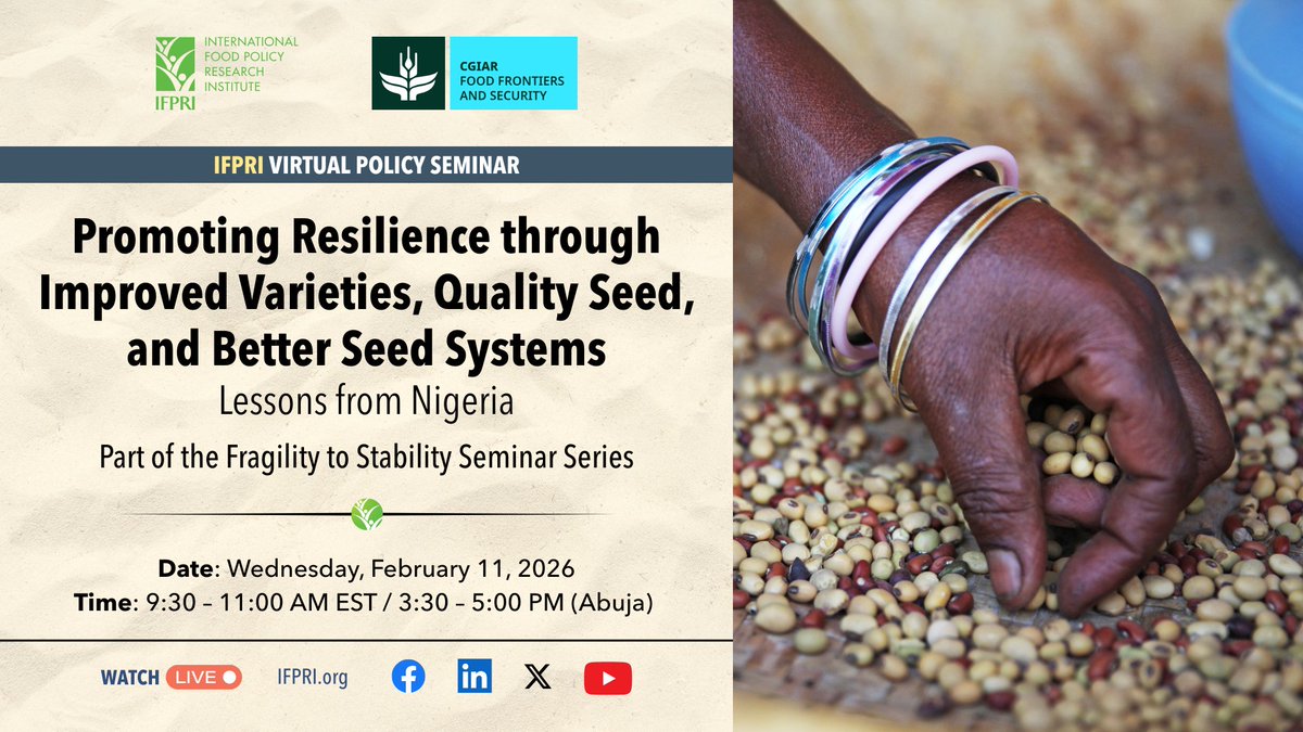 IFPRI's tweet photo. 🔔#HappeningNow: "Promoting Resilience through Improved Varieties, Quality Seed, and Better Seed Systems: Lessons from #Nigeria"🔔

📺Watch #ifpriLIVE

🎫 https://t.co/KHWblrgvgG

🤝 https://t.co/V22RONNjwv

💼 https://t.co/ad3a9VT50s

▶️ https://t.co/CGW4GvAMjm 

@CGIAR @HarvestPlus @sahelconsulting @BioIntCiat_eng @IAR_ABU_NG