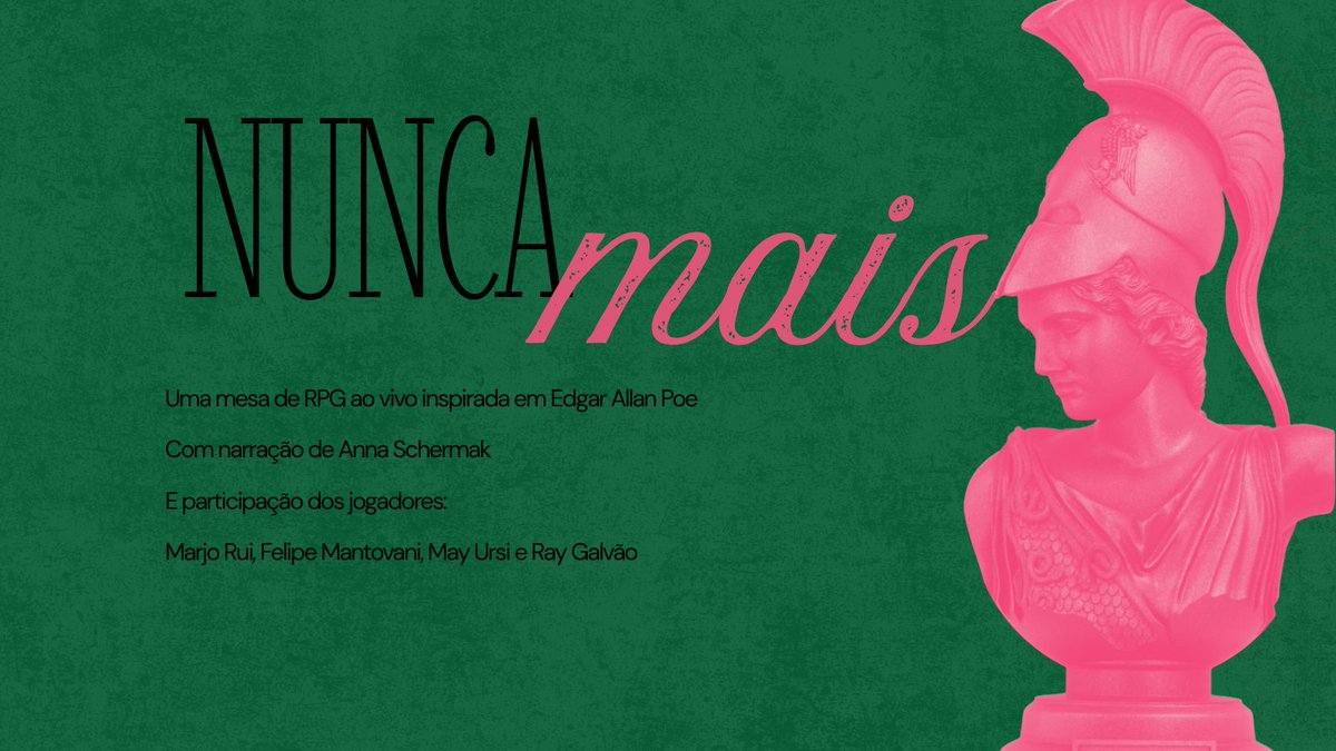 No dia 26/02, vamos transmitir ao vivo a mesa NUNCA MAIS, uma one-shot de D&amp;D 5e inspirada em Edgar Allan Poe. 
A mesa é patrocinada pela <a href="/DarkSideBooks/">DarkSide® Books 🔴</a>⁩  e conta com jogadores que vocês (e eu) amam: <a href="/marjorui_/">Marjô</a> , <a href="/eumantovas/">Felipe Mantovani</a>, <a href="/may_ursich/">May Ursi</a> e <a href="/rayraygalvao/">Ray Galvão</a>.
