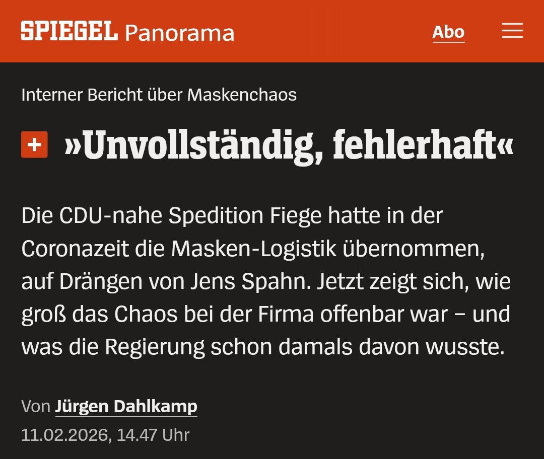 Spahn drängt CDU-nahe Spedition ohne Ausschreibung rein. Folge: LKW-Staus, Datenchaos, gesperrte Ware im Umlauf, Zahlungsverzug. Heute behauptet Warkens BMG: „Sachverhalte nicht bekannt.“ 
Dumm nur, dass ein interner EY-Bericht das Gegenteil beweist. Die Akten lügen nicht, das