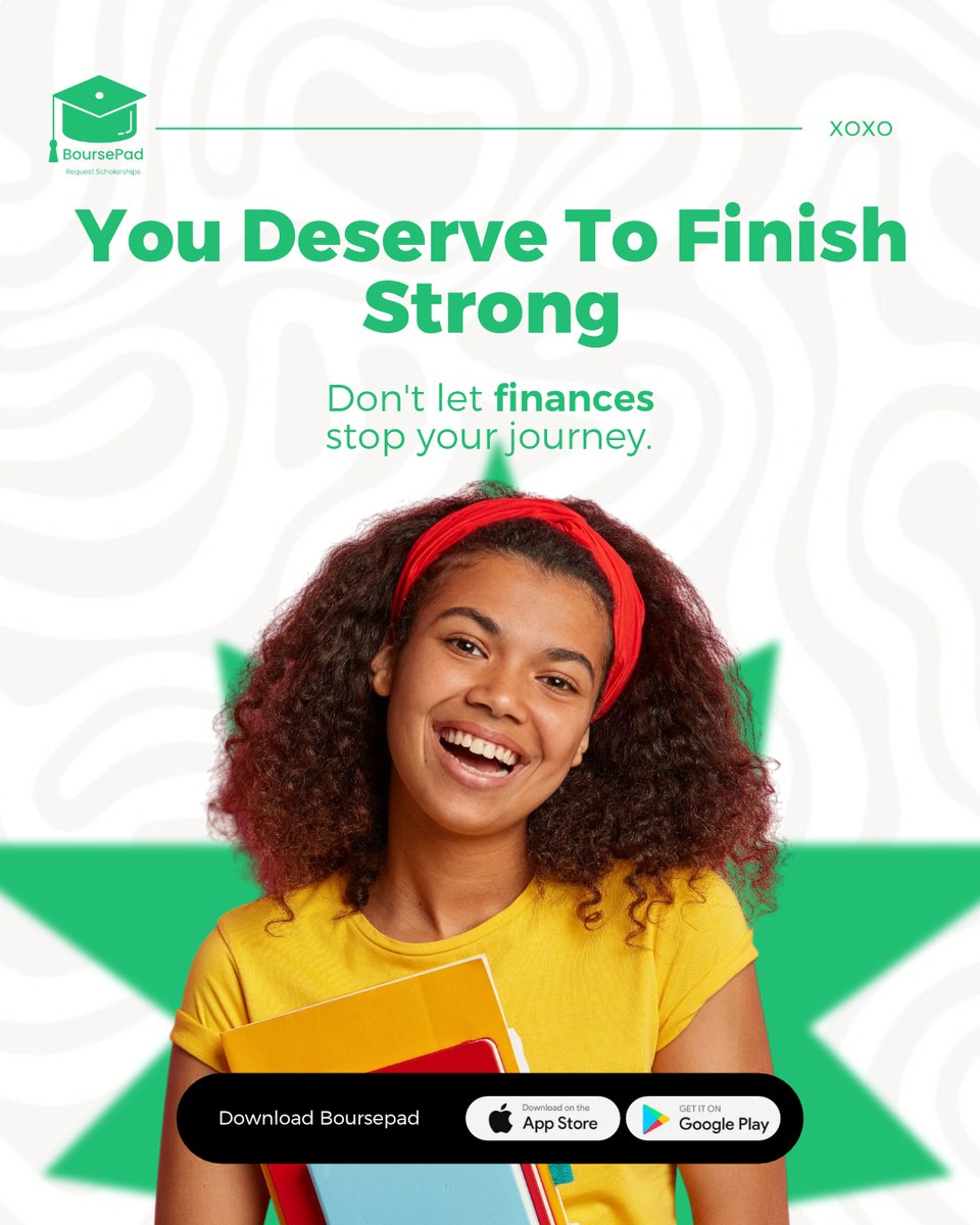 boursepad's tweet photo. You deserve to finish strong. BoursePad helps underprivileged students access scholarships covering school fees, books, materials, transport, uniforms, and more.

Download the BoursePad App, register as a student, complete verification, and explore scholarships opportunities. https://t.co/OeUMRwXJ9L