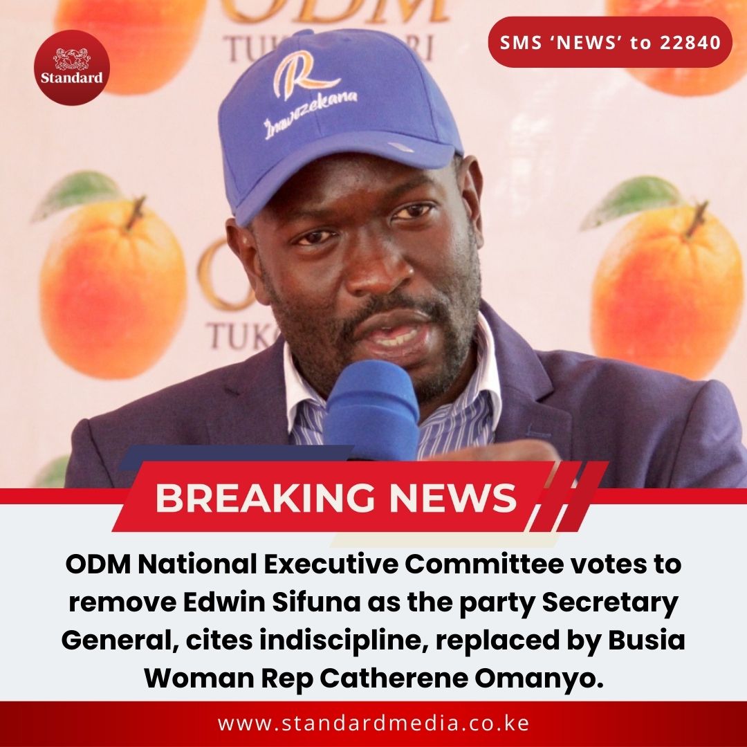 StandardKenya's tweet photo. ODM National Executive Committee votes to remove Edwin Sifuna as the party Secretary General, cites indiscipline, replaced by Busia Woman Rep Catherene Omanyo. https://t.co/N7HFvssSJq