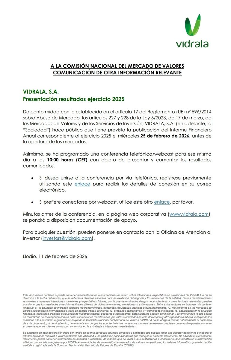 iparatx's tweet photo. La alavesa @Vidrala_Group presentará resultados del ejercicio 2025 el miércoles 25 de febrero antes de la apertura de mercado
$VID #vidrala #operationbodyguard https://t.co/DOmG18kUfT