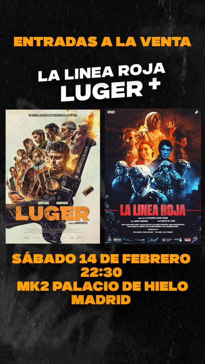 Madrid, este sábado 14 de febrero, ven a celebrar San Valentín con nosotros al #Palaciodehielo
Programa doble: cortometraje #lalinearoja y largometraje #Luger
Entradas en: share.google/WTLdnnpJzlJjmm…
<a href="/Cerezadas/">Raúl Cerezo</a> <a href="/davidsainz/">David Sainz</a> <a href="/mayopiedramario/">MARIO MAYO</a> <a href="/irenelguerrero/">Irene Guerrero</a>