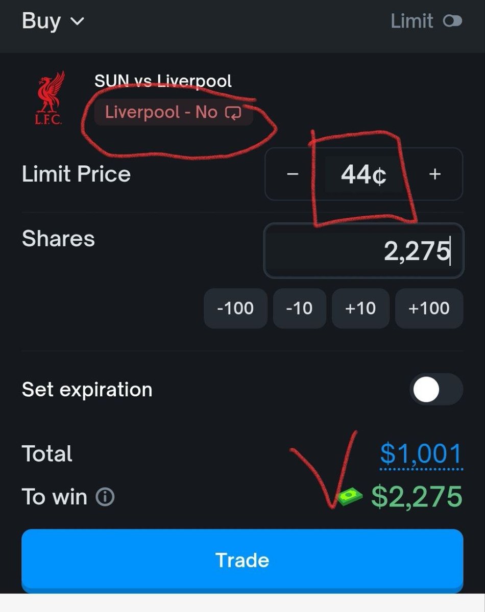 unvint's tweet photo. EPL. Sunderland vs. Liverpool. Playing against the crowd? 

A bet on Liverpool "NO" at 44¢ with a $1,000 stake would net us $2,275 if we win, a net profit of $1,275

Why might this be? 

> No one has beaten the Black Cats at the Stadium of Light this season, not even Arsenal and Manchester City 

> Liverpool have started losing again, and they're playing very poorly on the road. Defender Dominik Szoboszlai is suspended

Risky? - Yes! Logical? - Yes!

DYOR