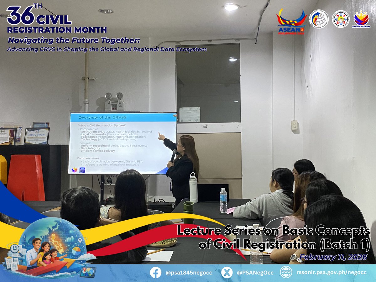 PSANegOcc's tweet photo. PSA Negros Occidental PSO conducted the first session of its Lecture Series on Basic Concepts of Civil Registration to clerks and staff from public and private hospitals, as well as lying-in facilities on February 11, 2026, in Bacolod City.

#36CRM #CivilRegistrationMonth https://t.co/CsLFghq3ze