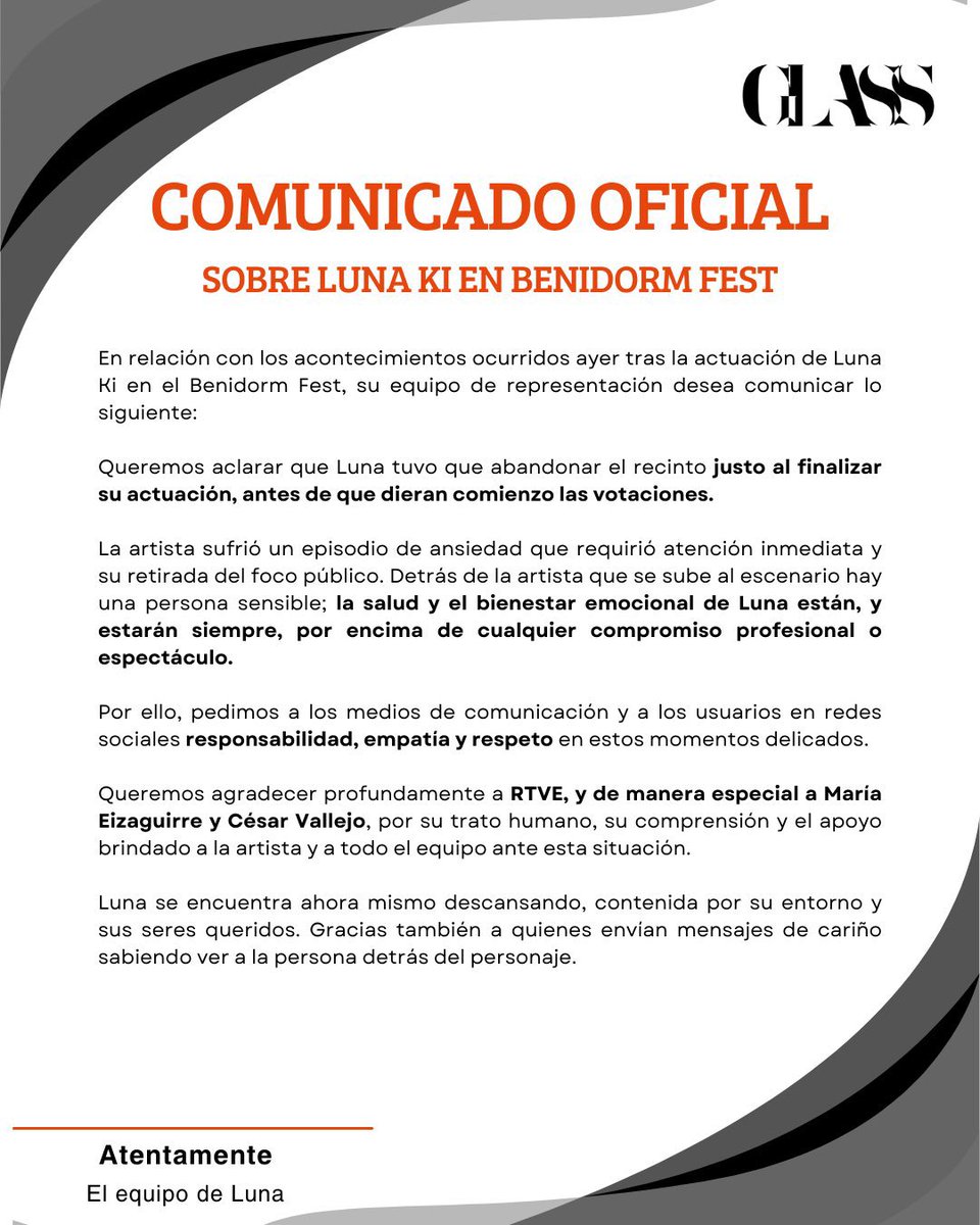 🔴 Comunicado Oficial del equipo de Luna Ki. 

#BenidormFest2026