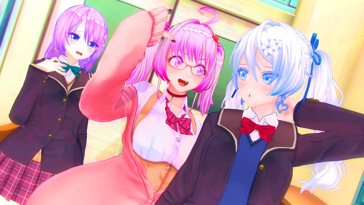 #COM3D2 #カスタムオーダーメイド3D2 
式典の日とかそういうやつ。
桃花「へいへーい！まりん今日地味じゃね？どったの？」
まりん「え～？だって今日はさ～。」
寧々子「あ～、桃花ちゃんやっちゃいましたね。今日は年いちの服装検査の日ですよ～？」