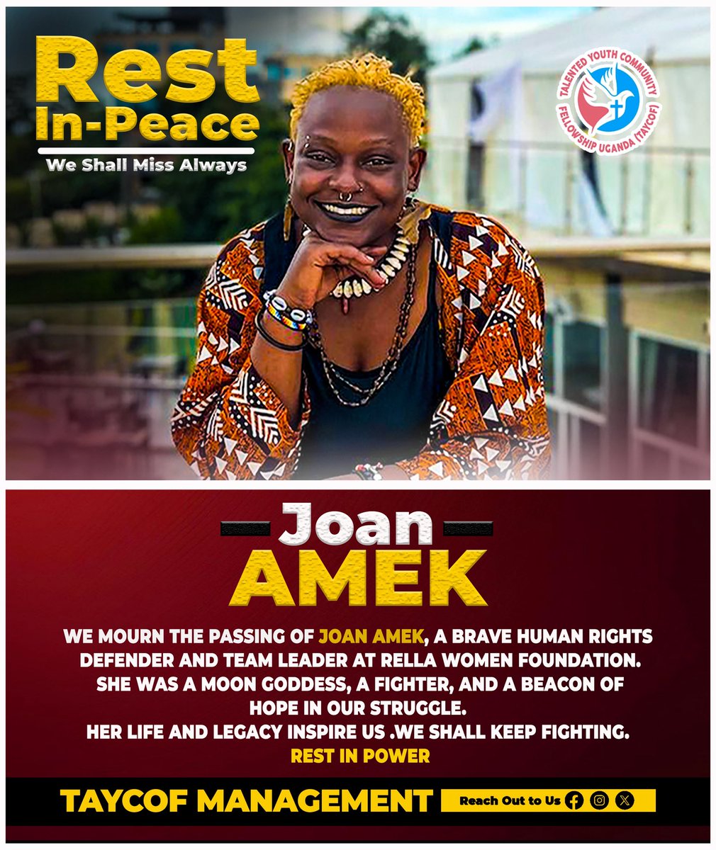 We mourn and announce the passing of #Joan Amek, Human Rights Defender and team leader at #Rella Women Foundation, who died on 8 Feb 2026.She will be laid to rest on 12 Feb 2026. 

Her legacy lives on .we shall keep fighting.
Rest in power.