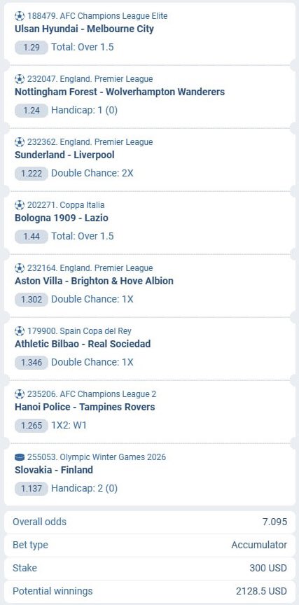 BenchTalkss's tweet photo. Here are my predictions for today's matches:

- Ulsan Hyundai vs Melbourne City: Over 1.5 Total @1.29  

- Nottingham Forest vs Wolves: Handicap 1 (0) @1.24  

- Sunderland vs Liverpool: Double Chance 2X @1.222  

- Bologna vs Lazio: Over 1.5 Total @1.44  

- Aston Villa vs Brighton: Double Chance 1X @1.302  

- Athletic Bilbao vs Real Sociedad: Double Chance 1X @1.346  

- Hanoi Police vs Tampines Rovers: 1X2 Home Win @1.265  

- Slovakia vs Finland (Winter Olympics): Handicap 2 (0) @1.137  

#bettingtips #footballpredictions #sportsbetting #1XBET