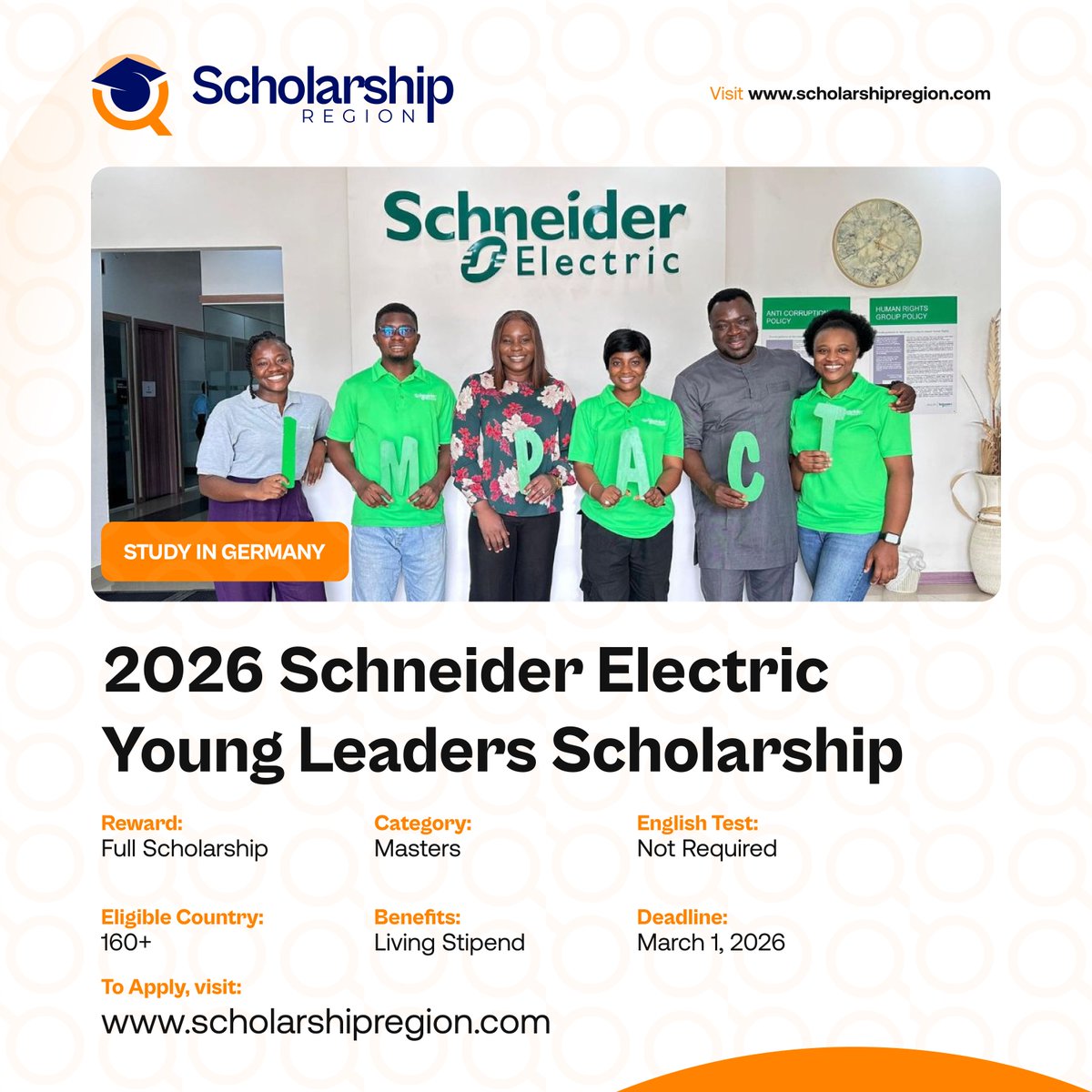 scholarsregion's tweet photo. List of Scholarships in Europe without IELTS/TOEFL requirements. #SRThread 

1. DAAD Friedrich Ebert Stiftung Scholarship (FES) in Germany | Fully Funded
https://t.co/1MoLtWsL10

2. Hyundai Motor Group Scholarship 2026 SOAS University of London | Fully Funded
https://t.co/0owb6aARgV
 
3. Turkey Government YTB-IsDB Joint Scholarship 2026 | Fully Funded
https://t.co/Ob13nRgqM8

4. 2026 Universite Paris-Saclay Scholarship in France
https://t.co/FDfLjfyLl4

5. Schneider Electric Scholarship in Germany 2026 (Young Industry Leaders) | Fully Funded
https://t.co/zo0KQldytD

6. Barcelona GSE Scholarship 2026 (Graduate School of Economics) | Fully Funded
https://t.co/Zrxfy1fUAF
 
 7. Germany Robert and Christine Danziger Scholarship 2026
https://t.co/lRPjXXI9Ts

8. Meta Scholarship 2026 in France, Italy, Germany (Erasmus Mundus) | Fully Funded
https://t.co/47Pz98Mub5