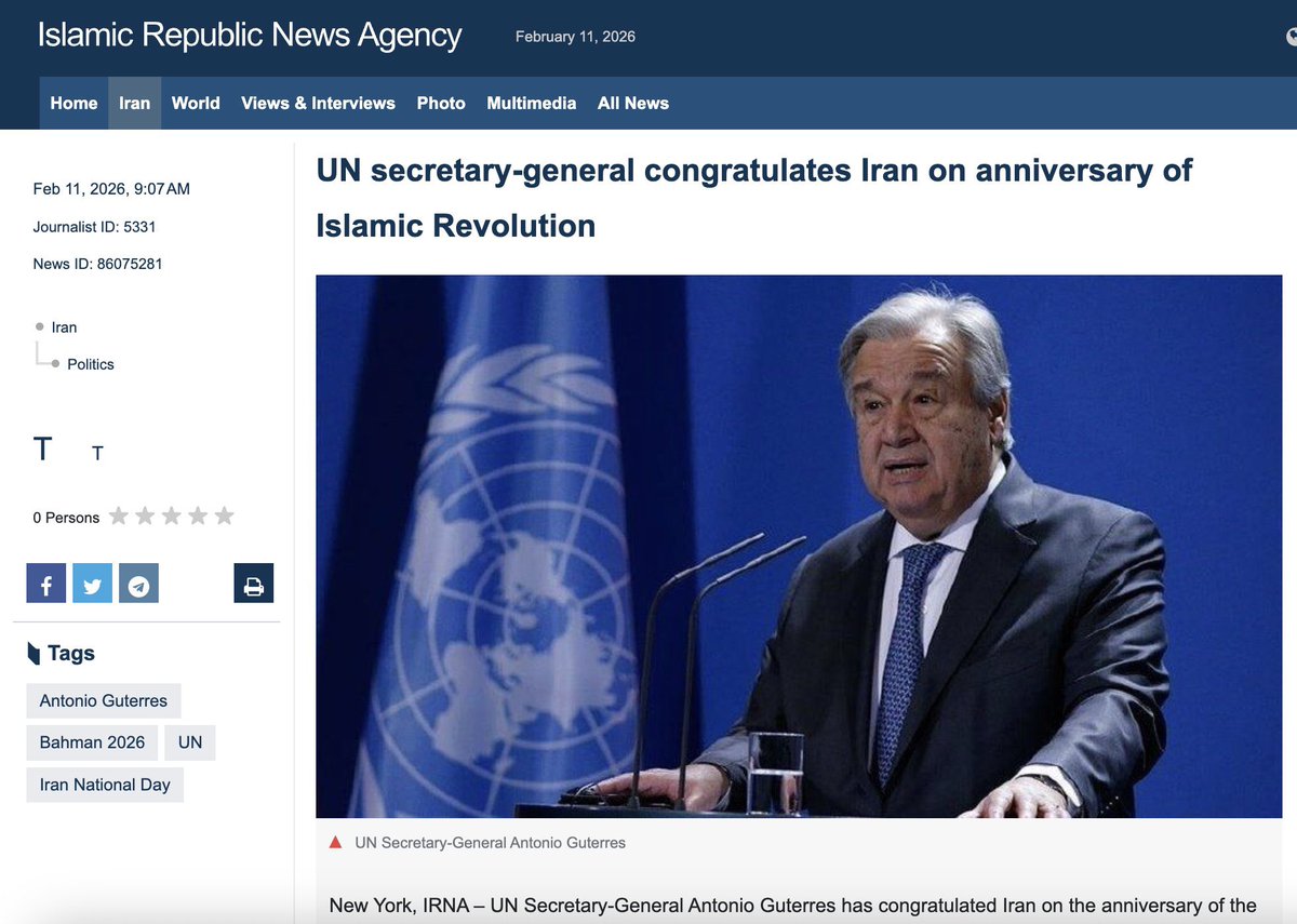 hoje_no's tweet image. Dezenas de milhares de pessoas assassinadas pelo regime teocrático iraniano em poucos dias.

A ONU: “parabéns, Irã, pelo aniversário da revolução islâmica”.

Dizem que a história não se repete, mas a ONU está muito perto de seguir o caminho da Liga das Nações.