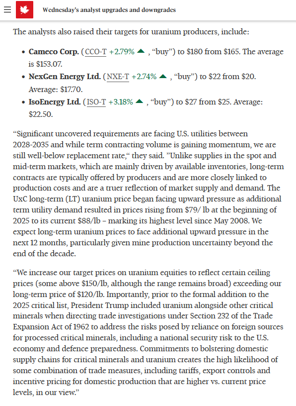 🚨Stifel: “We increase our target prices on #uranium equities to reflect certain ceiling prices (some above $150/lb, although the range remains broad) exceeding our long-term price of $120/lb."💲⬆️⚛️⛏️🤠🐂 
⬆️Cameco $CCO from $165 to $180🎯
⬆️NexGen $NXE from $20 to $22🎯