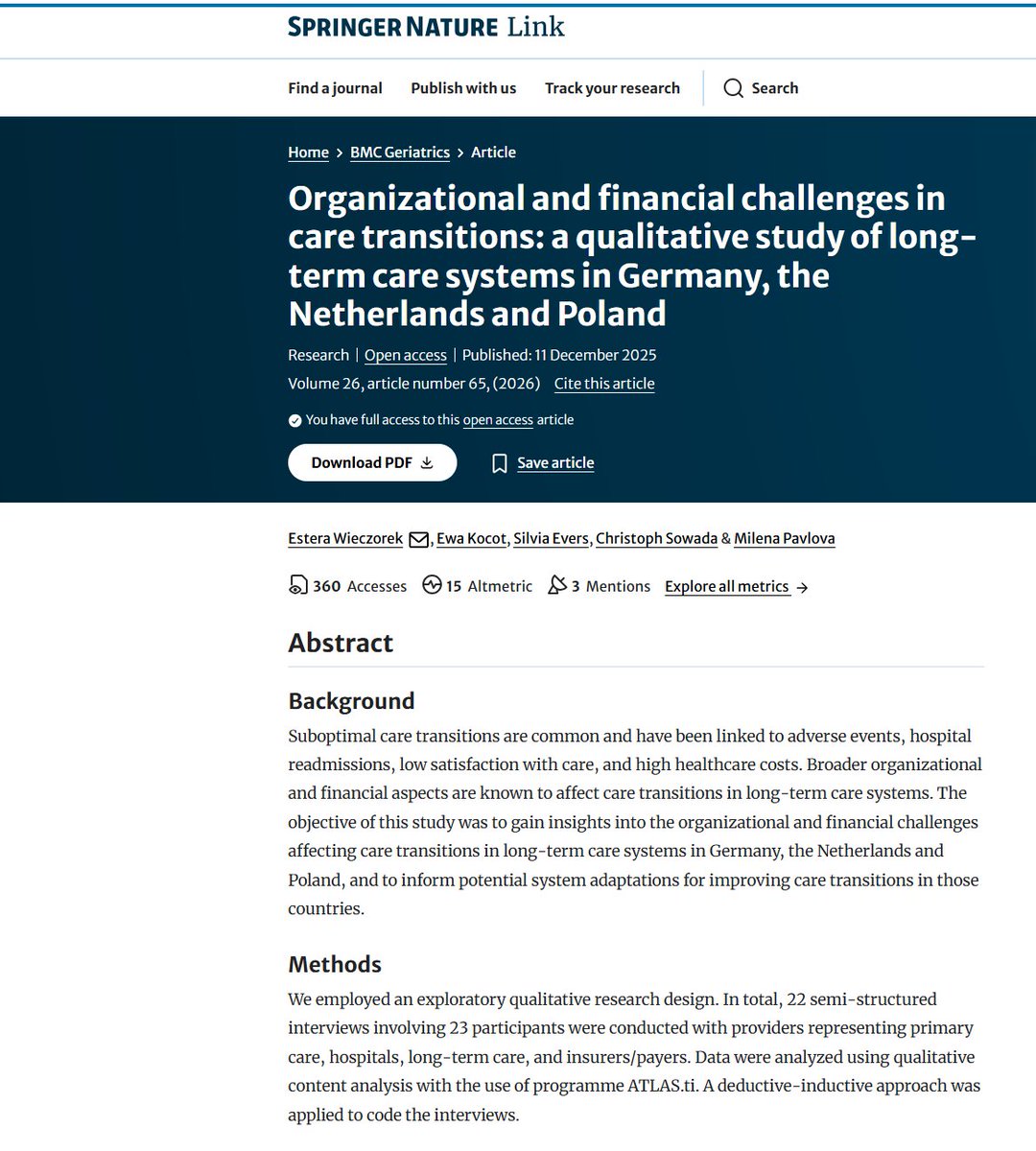 IZPwKrakowie's tweet photo. 🩺🔬Nowe badanie naszych Pracowników! dr Estera Wieczorek❗
Zapraszamy do lektury 📄 artykułu ,,Organizational and financial challenges in care transitions: a qualitative study of long-term care systems in Germany, the Netherlands and Poland"
Link 👉 https://t.co/C0D0nHX0GZ https://t.co/EnFHe2DdaK