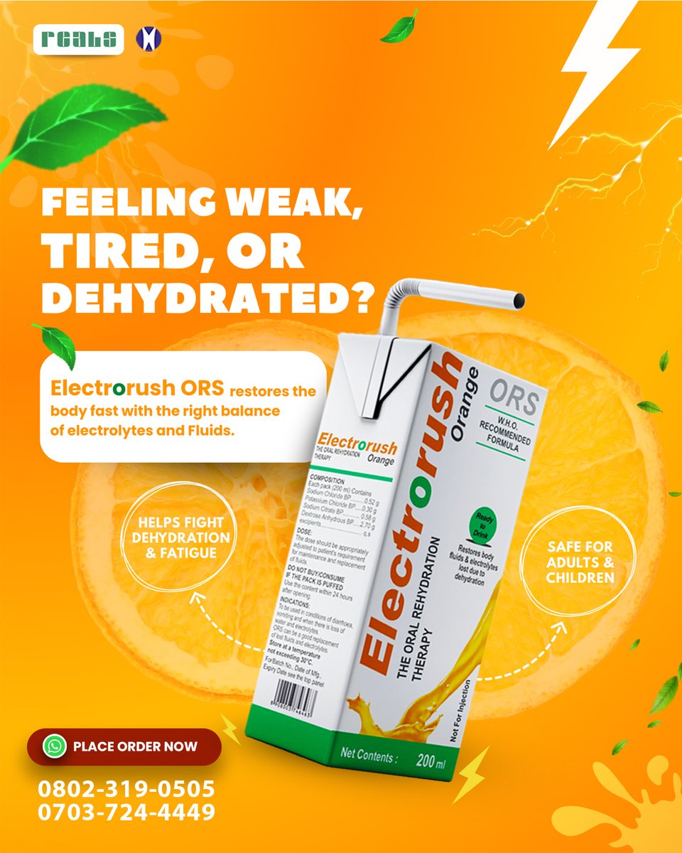 RealsGroup's tweet photo. Feeling weak, tired or dehydrated? Reach out for Electrorush ORS today....

#realsgroup #electrorushors #dehydration #realspharmaceutical #electrolytes #wellness #wellbeing https://t.co/wR1IsY0nOk