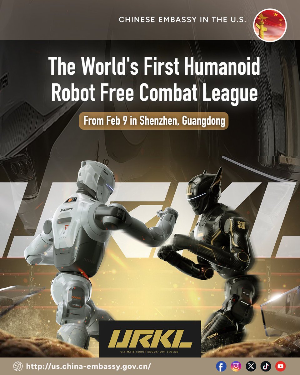 SpoxCHNinUS's tweet photo. The world’s first humanoid robot free combat league has kicked off in #Shenzhen. 🤖🥊
The #URKL2026 season will run through December, with the champion taking home a ¥10 million gold belt, as teams compete using T800 humanoid robots developed by EngineAI.
#ChineseRobotics #FutureSports #LivingTheChinaVibe